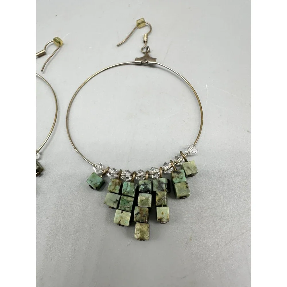 Unique Vintage Square Cube Bead Turquoise ? Stone Large Wire Hoop Earrings 2”